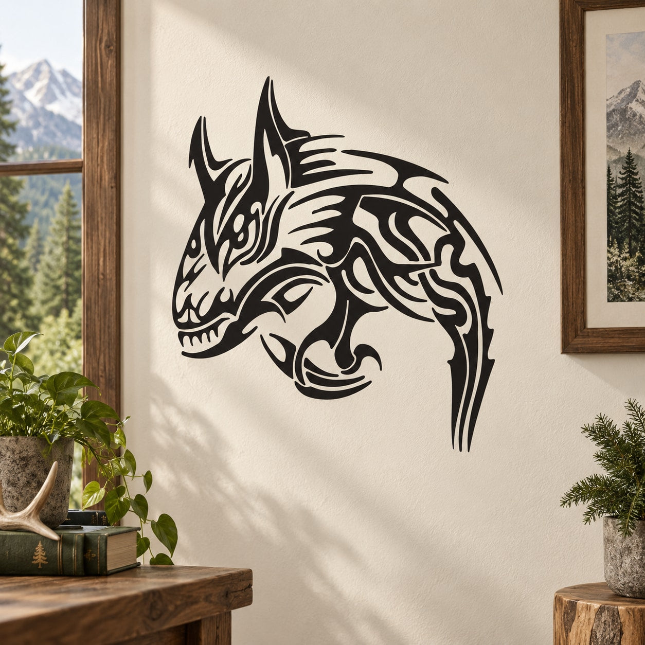 Tribal wolf head hunting decal in black, detailed linework and flame-like accents