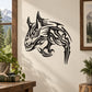 Tribal wolf head hunting decal in black, detailed linework and flame-like accents