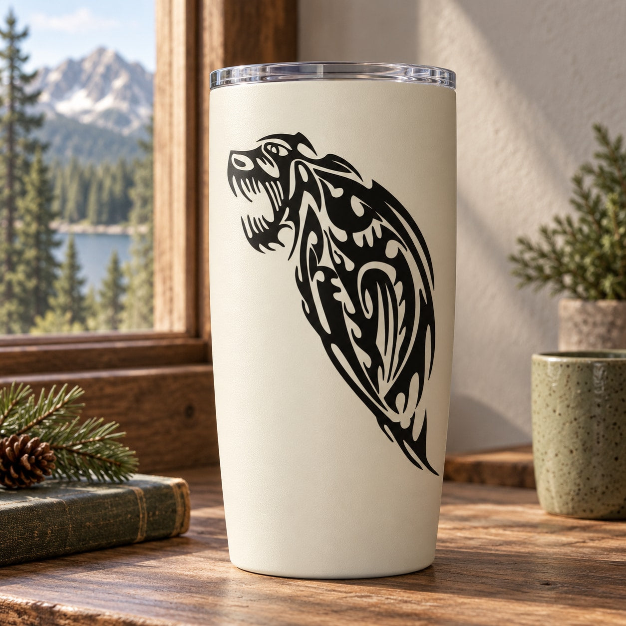 Tribal wolf head decal on white drink tumbler