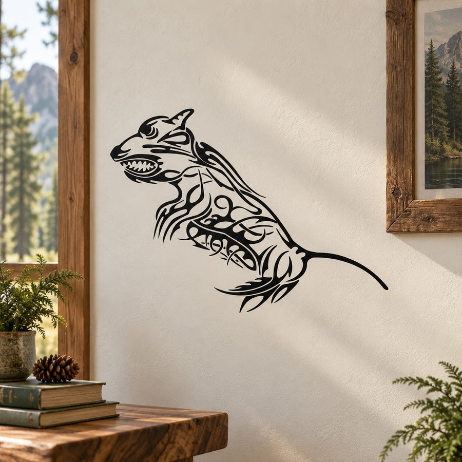 Tribal mouse rat wall decal in black, stylized line art