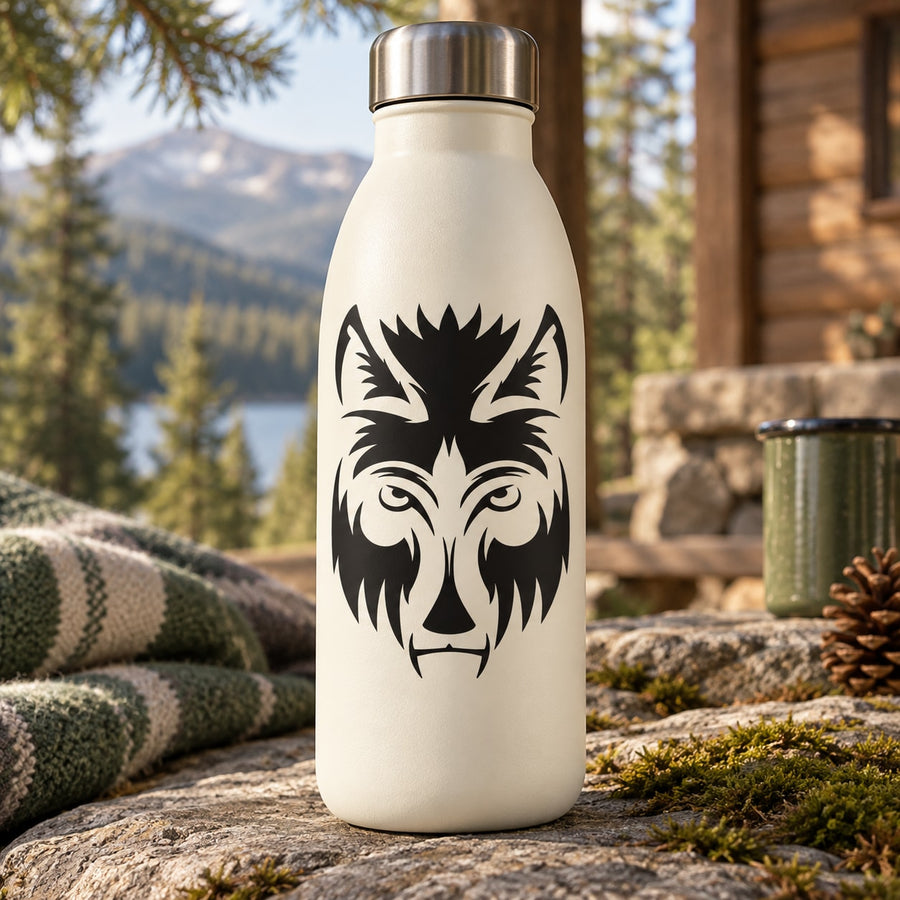 White water bottle with black wolf head decal