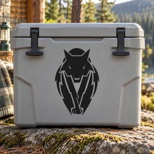 Geometric sitting wolf decal on gray cooler lid, black outline design centered