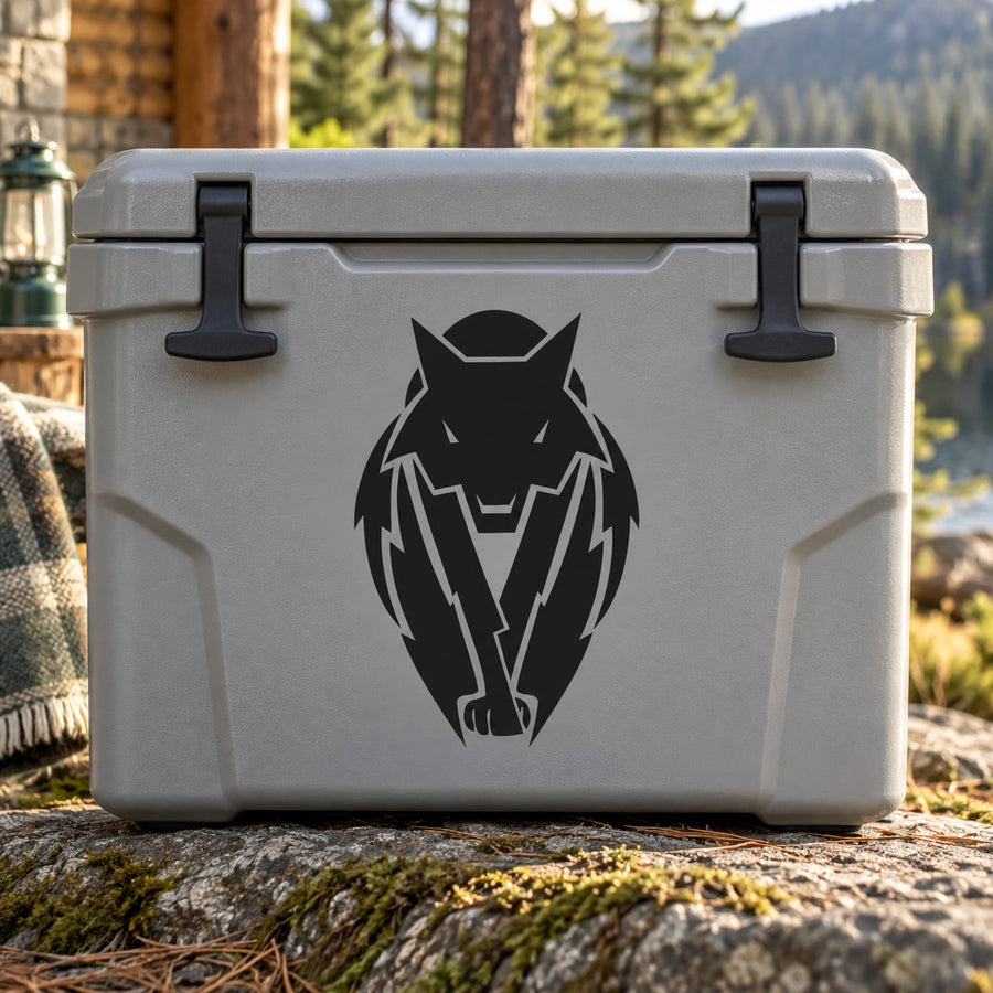 Geometric sitting wolf decal on gray cooler lid, black outline design centered