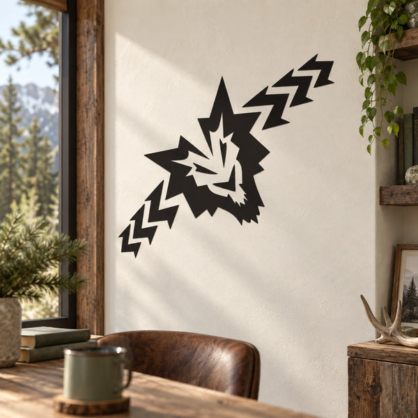 Black geometric wolf head decal with zigzag rays