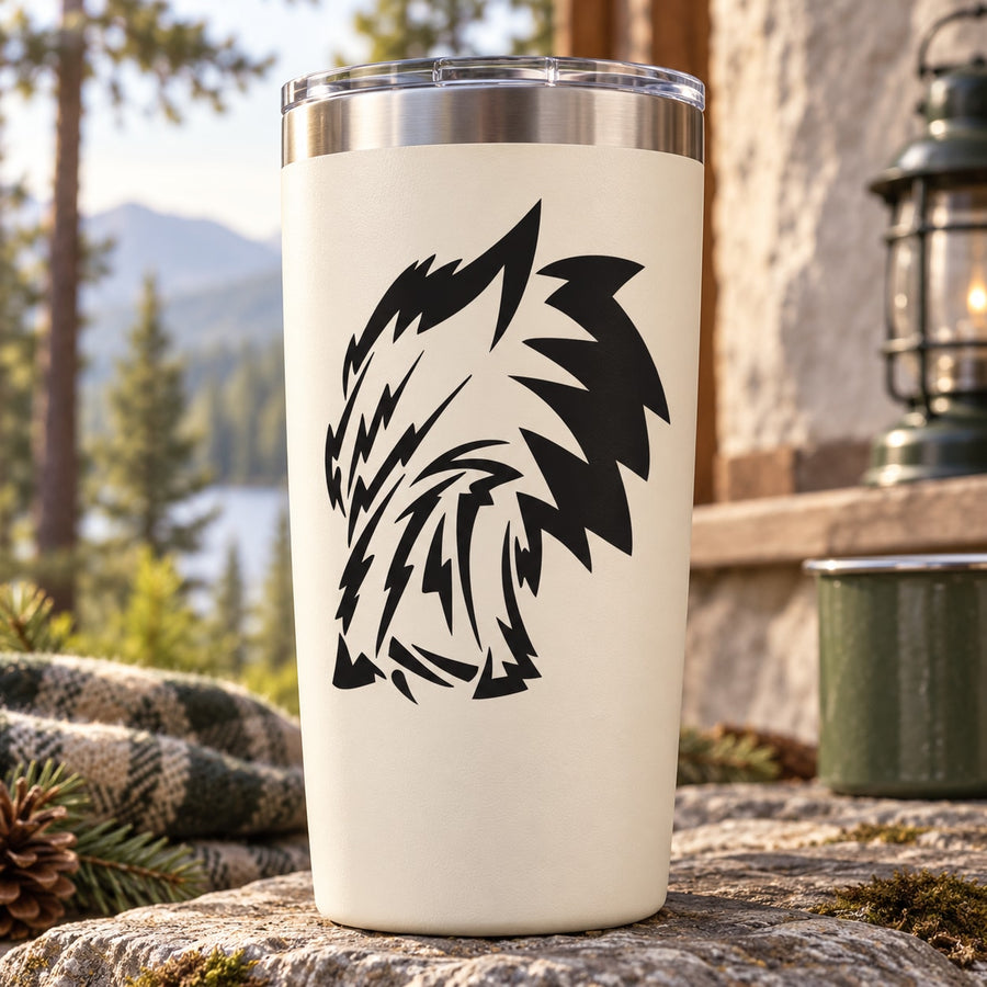Stainless tumbler with tilted snarling wolf head decal
