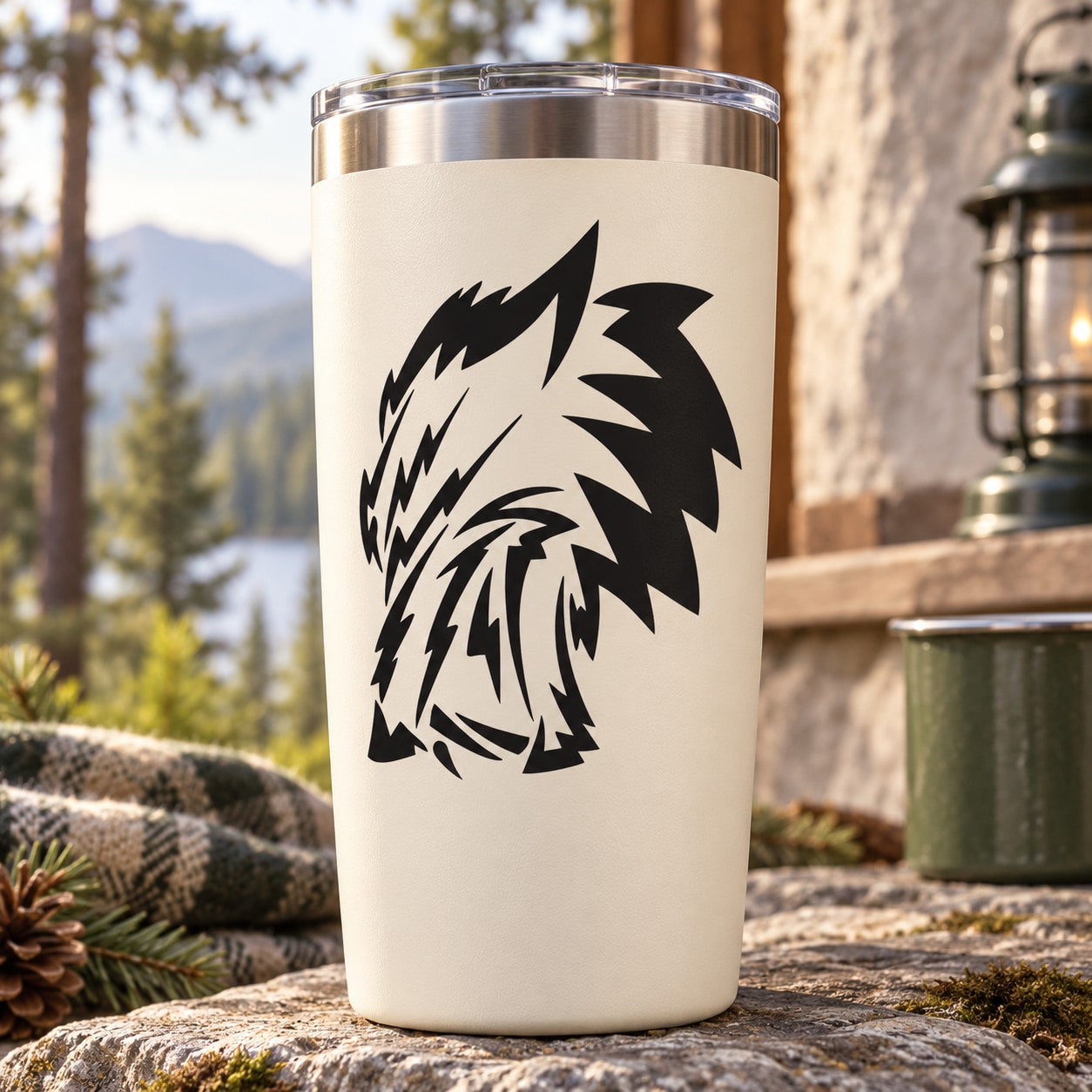 Stainless tumbler with tilted snarling wolf head decal