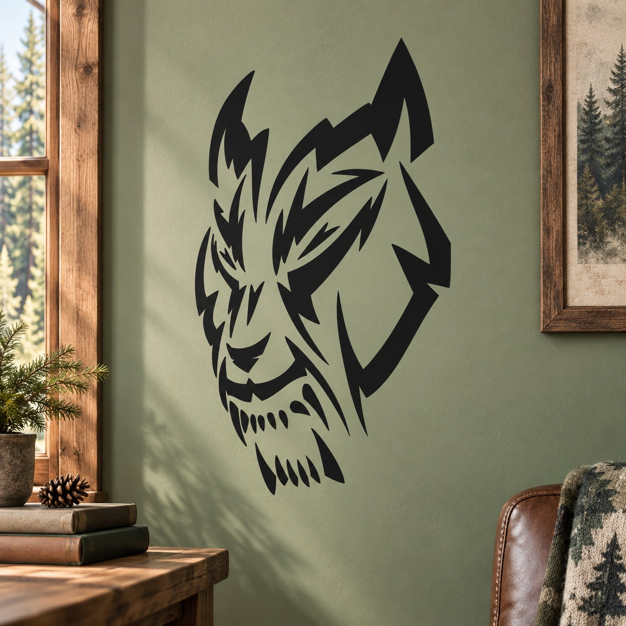 Stylized wolf head decal, black graphic for walls or windows