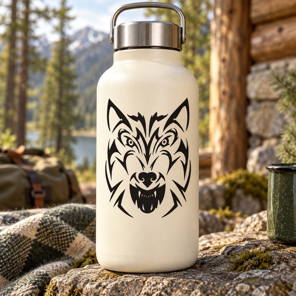 White water bottle with black wolf face decal graphic