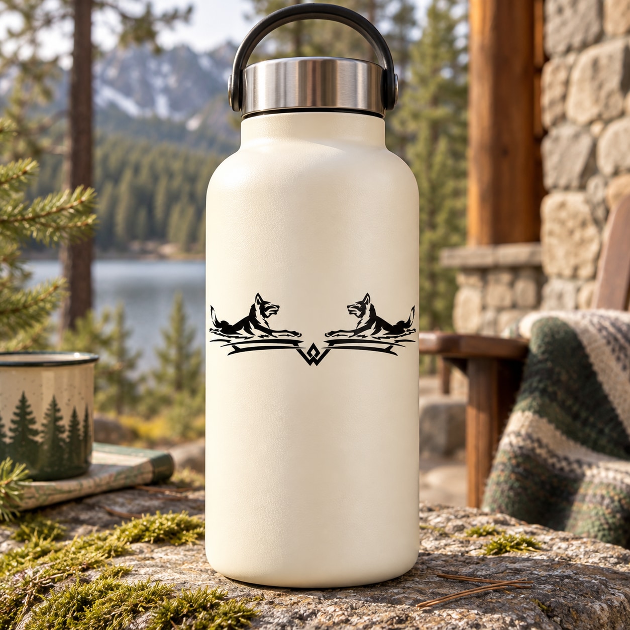 White insulated water bottle decal featuring two wolves facing each other with a central emblem