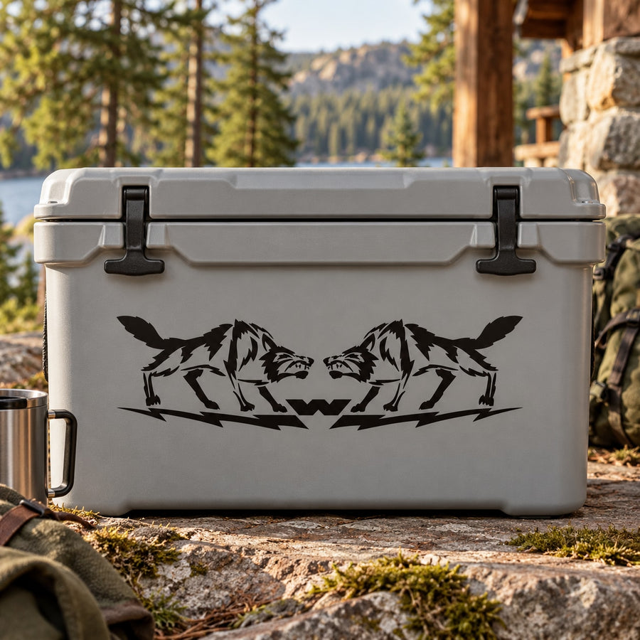 Black snarling wolves decal on gray cooler lid