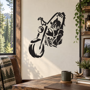 Wolf riding motorbike wall decal, black silhouette graphic