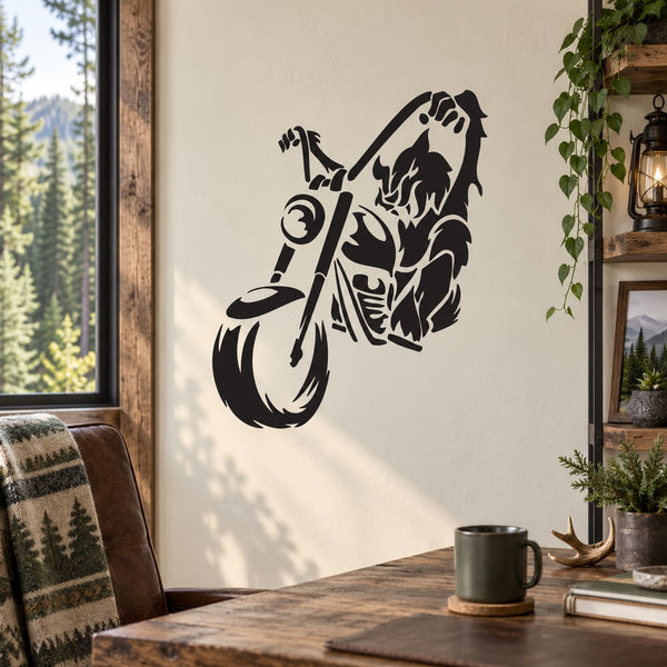 Wolf riding motorbike wall decal, black silhouette graphic
