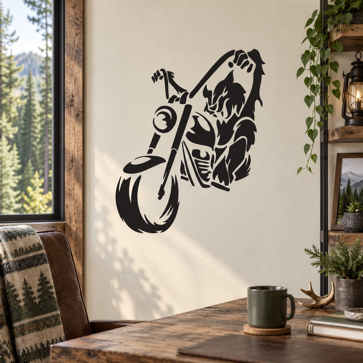 Wolf riding motorbike wall decal, black silhouette graphic