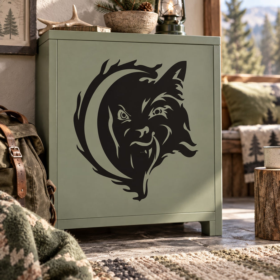 Black tongue-out wolf and moon vinyl decal for furniture