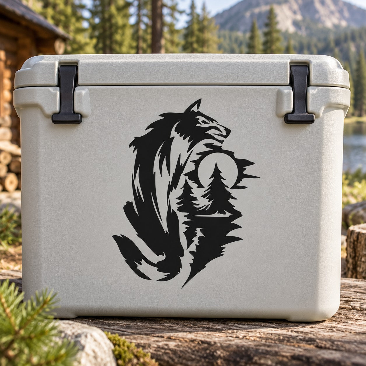Wolf and moon forest decal with black wolf silhouette and tree moon circle