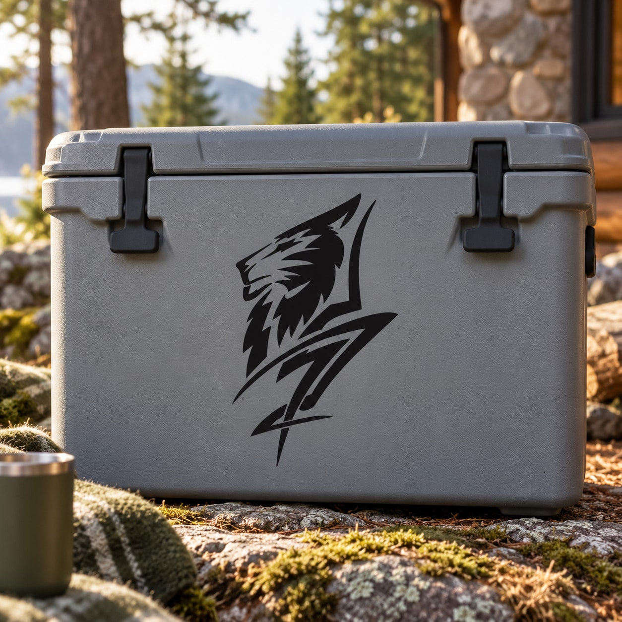 Wolf head stroke decal in black on a gray cooler