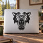 Laptop with black wolf head decal showing teeth