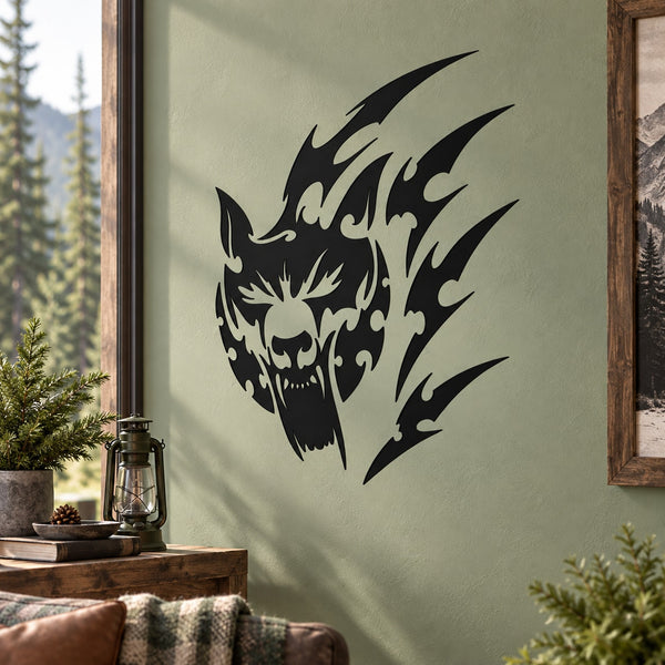 Black wolf head and claw slash wall decal