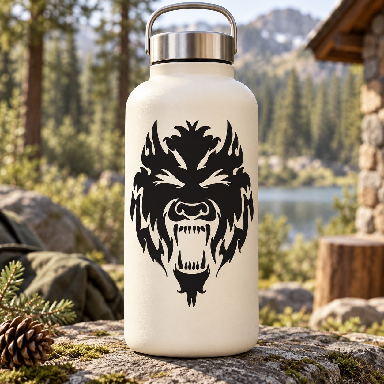 White water bottle with black roaring wolf head decal and stainless steel lid