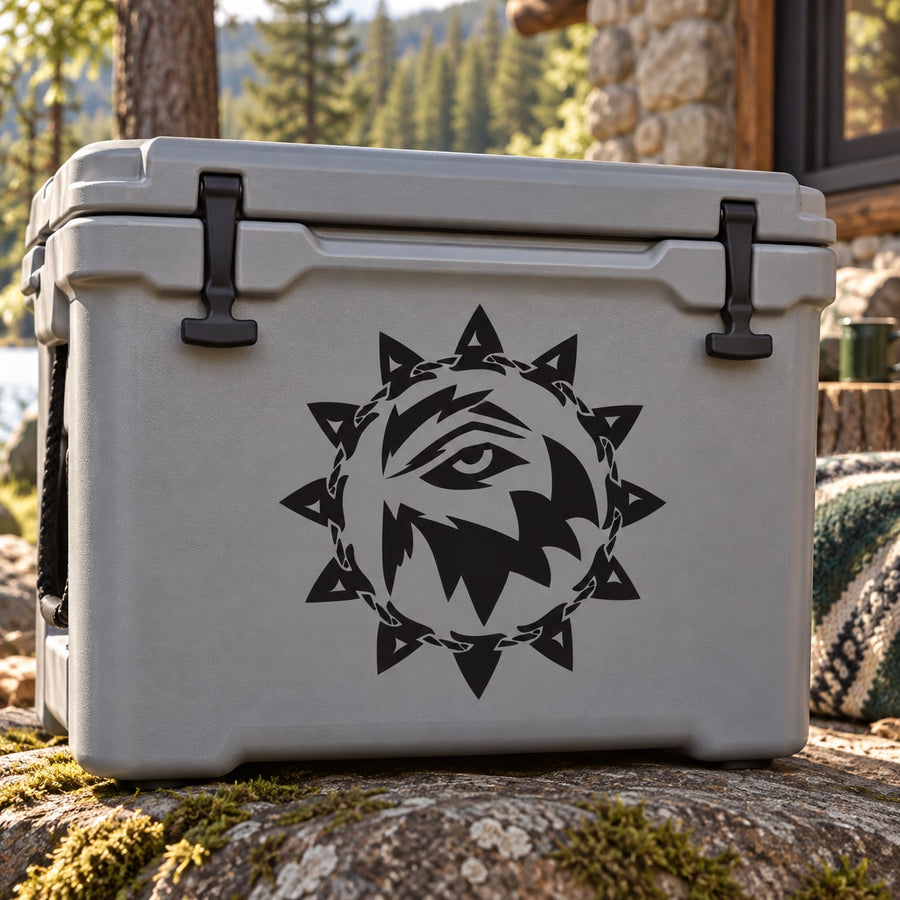 Wolf eye graphic decal with sunburst rays, black on dark gray