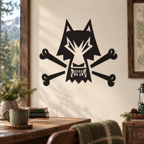 Black wolf head and crossbones sticker decal, skull mouth with crossed bones