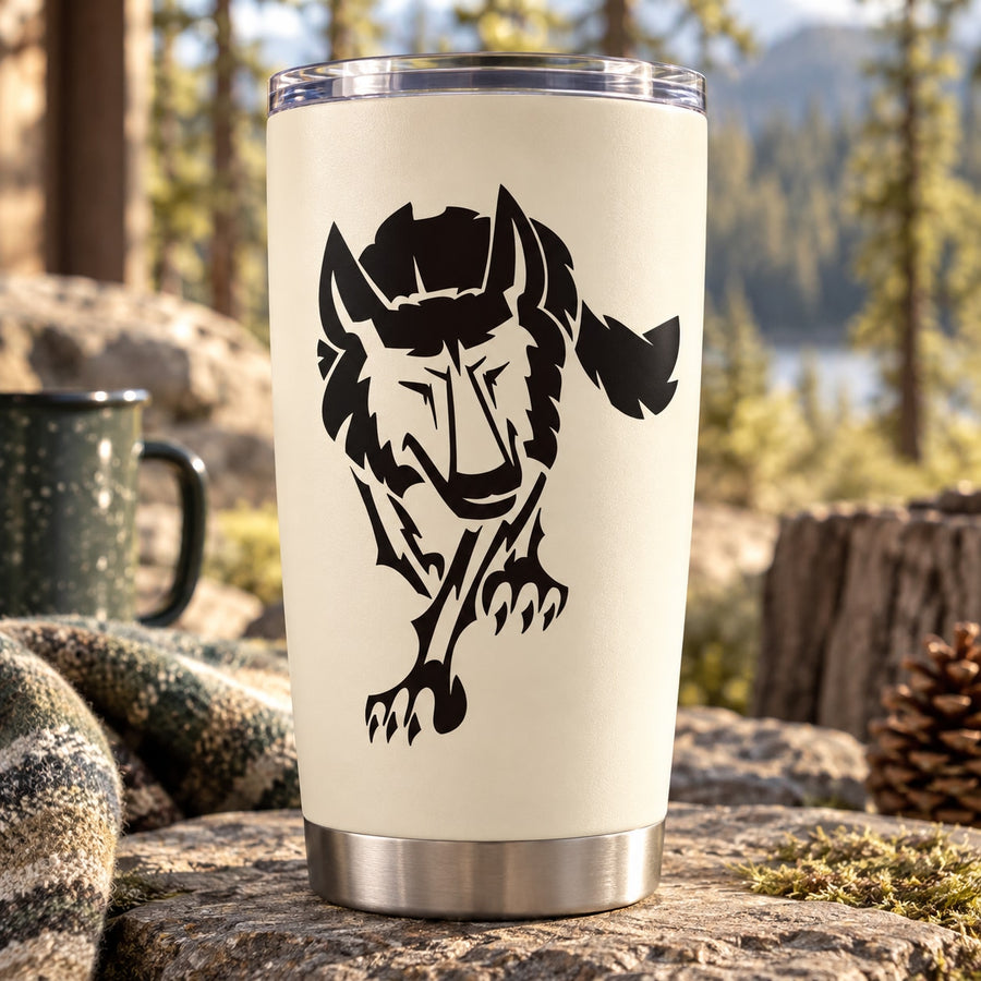 Black walking wolf face decal for outdoor drinkware