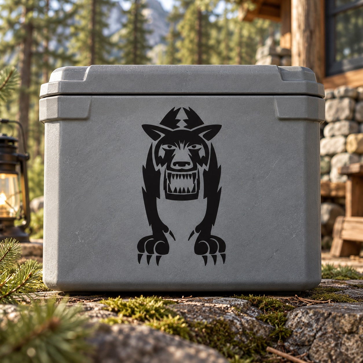 Gray hard-sided cooler with black open-jaw wolf decal on front
