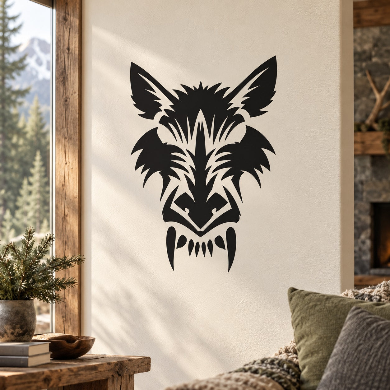 Wolf head decal with carved-style black and white graphic