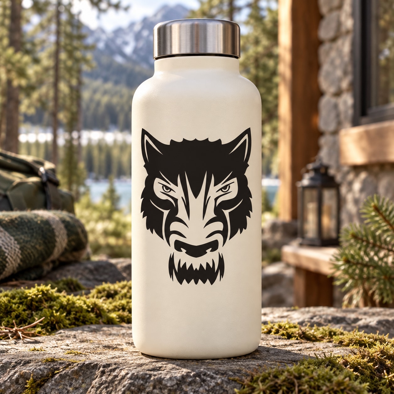 White bottle with black wolf head decal