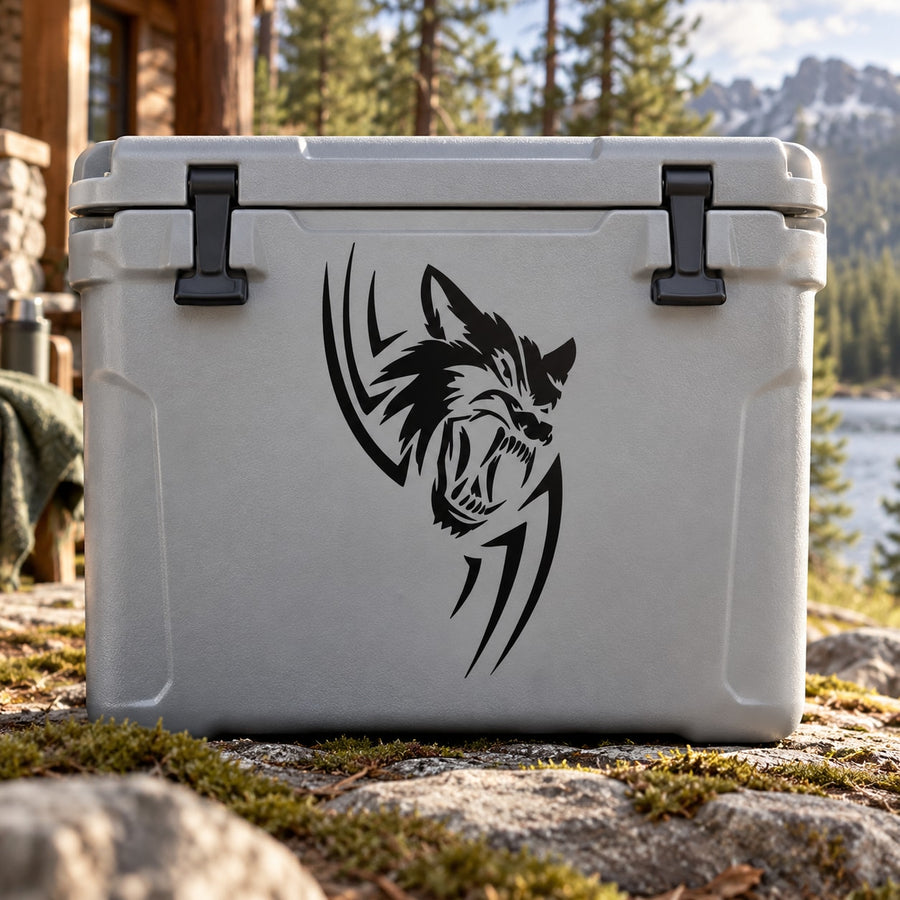 Gray cooler with black wolf snarl slash graphic decal
