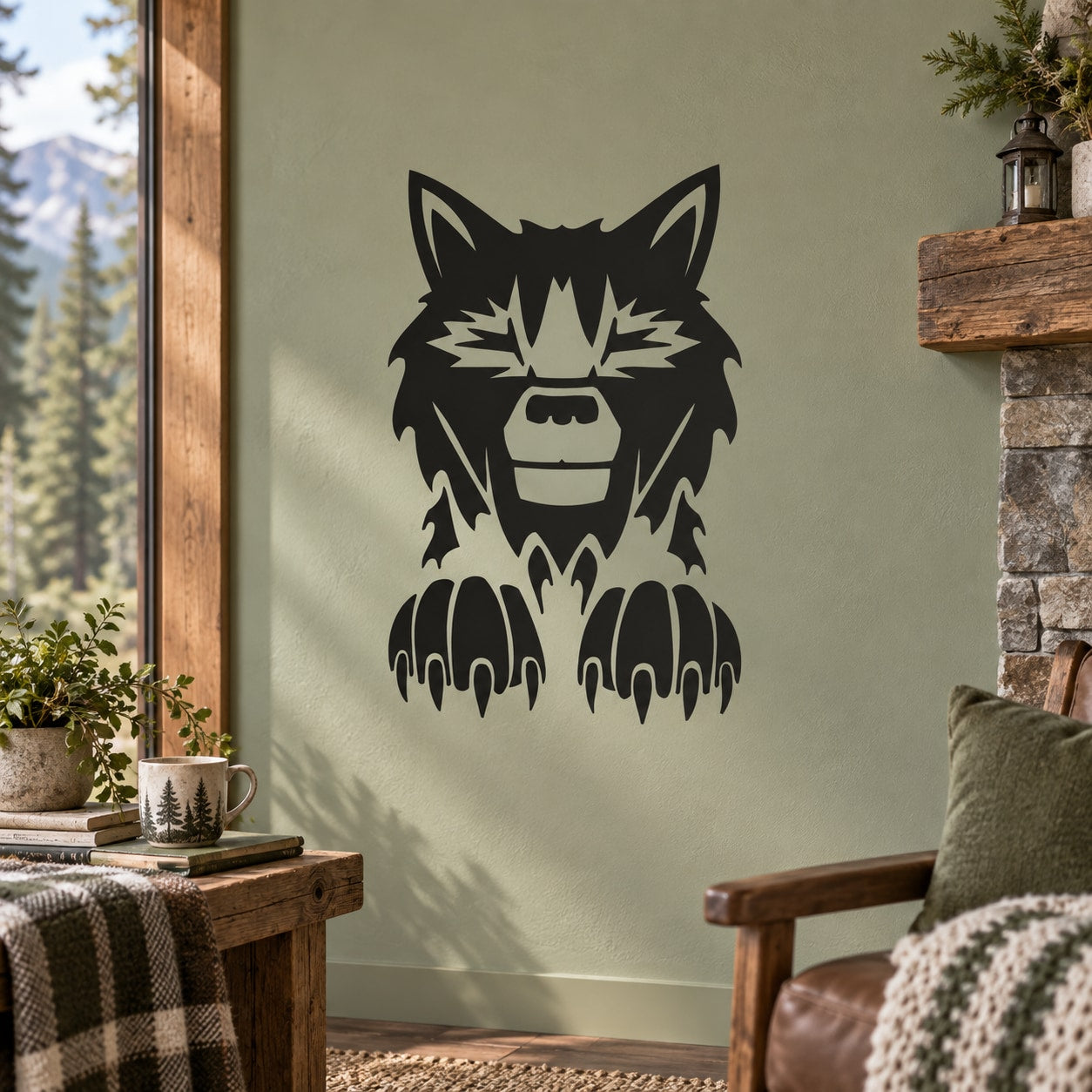 Black wolf staring wall decal with front paws, bold graphic design