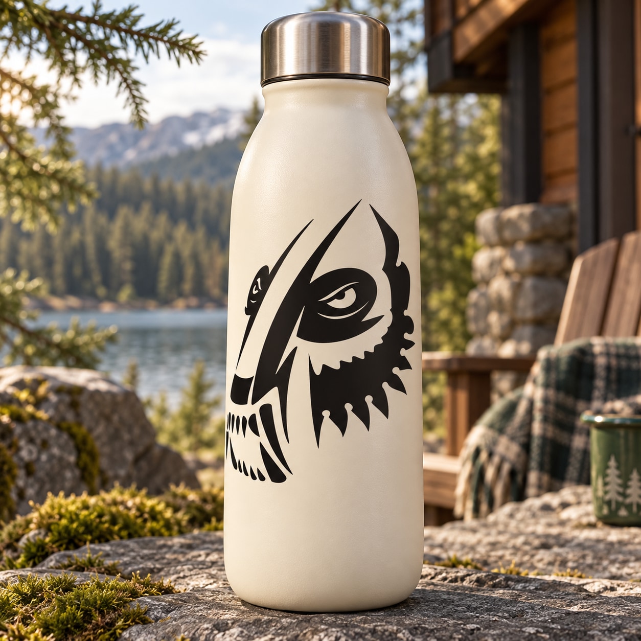 Timber wolf head decal on white bottle