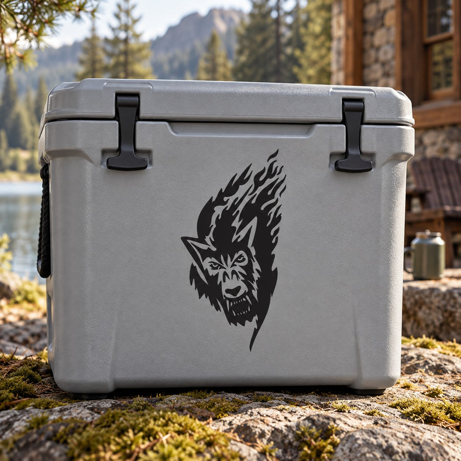 Black snarling wolf head decal on a gray cooler