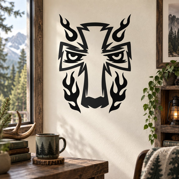 Black cross decal with stylized wolf eyes and flame accents