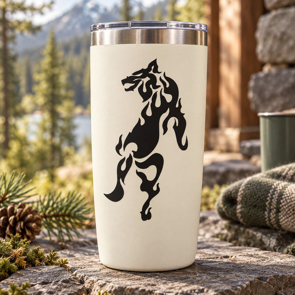 Flame wolf decal: black flame wolf graphic on white tumbler, centered.