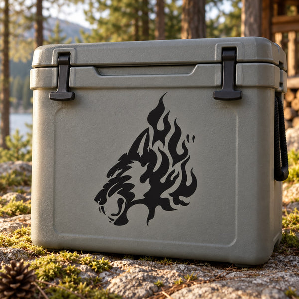 Wolf head flame decal, black silhouette on cooler.