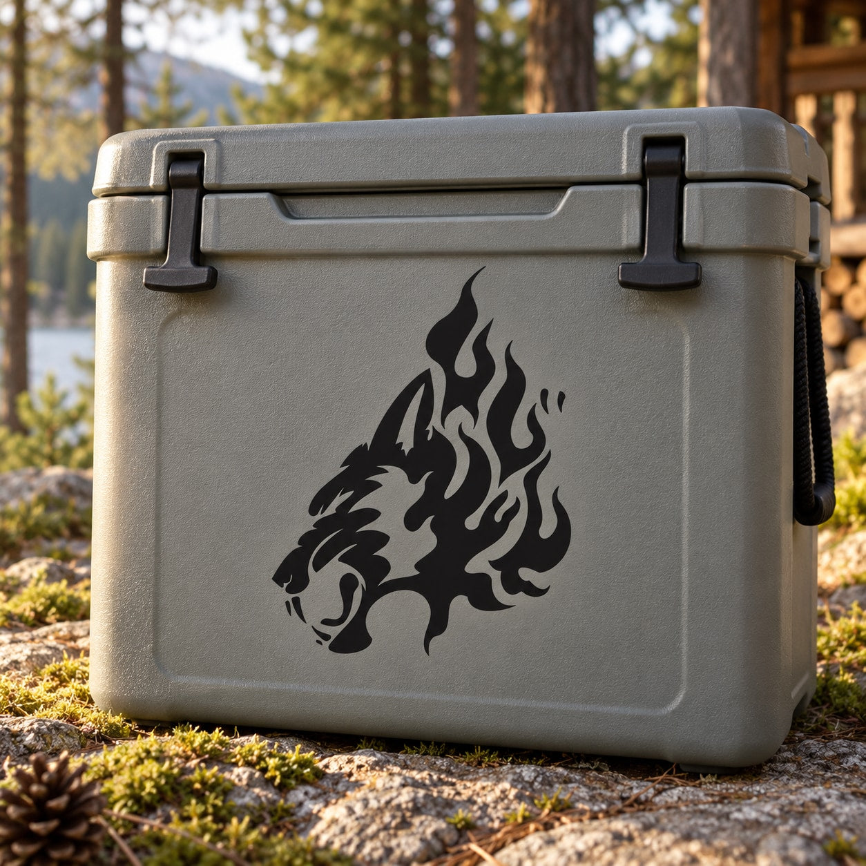 Wolf head flame decal, black silhouette on cooler.