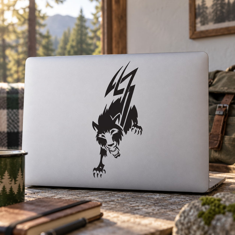 Black wolf and lightning decal for laptop, bold graphic sticker