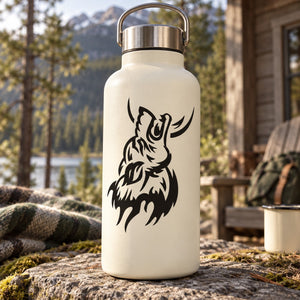 Howling wolf graphic decal on cream bottle, black print