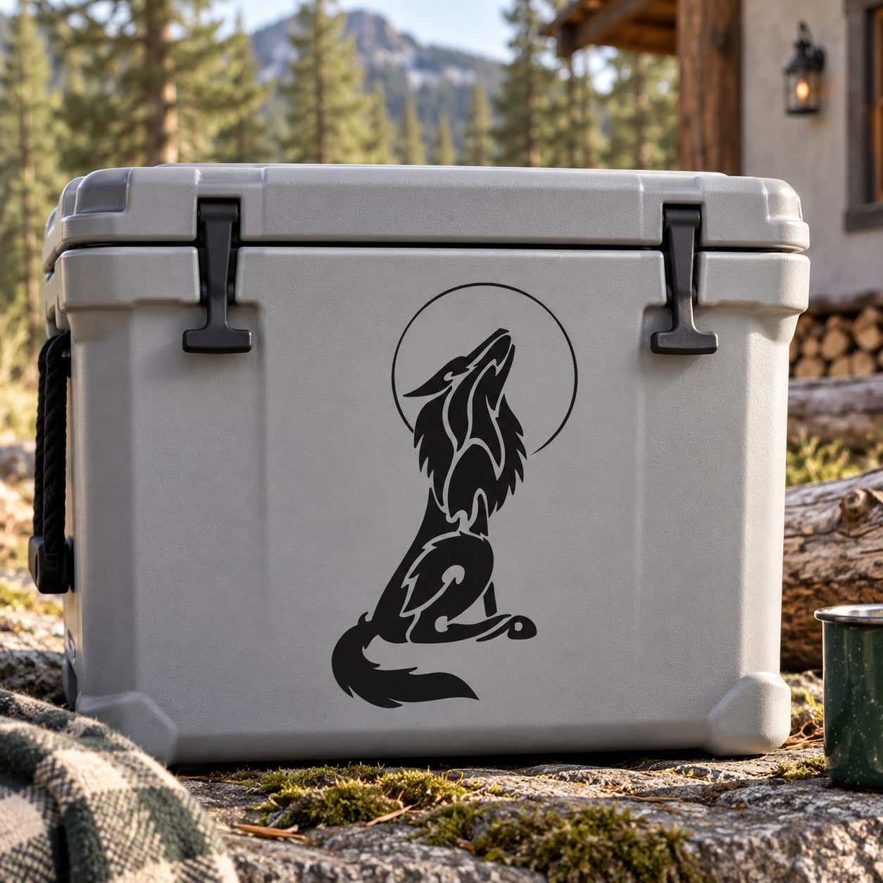 Howling wolf and moon decal with wolf silhouette inside a round black graphic