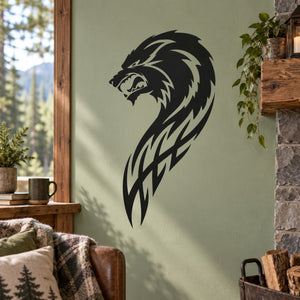 Side-profile wolf head decal with menacing open mouth, black vinyl style
