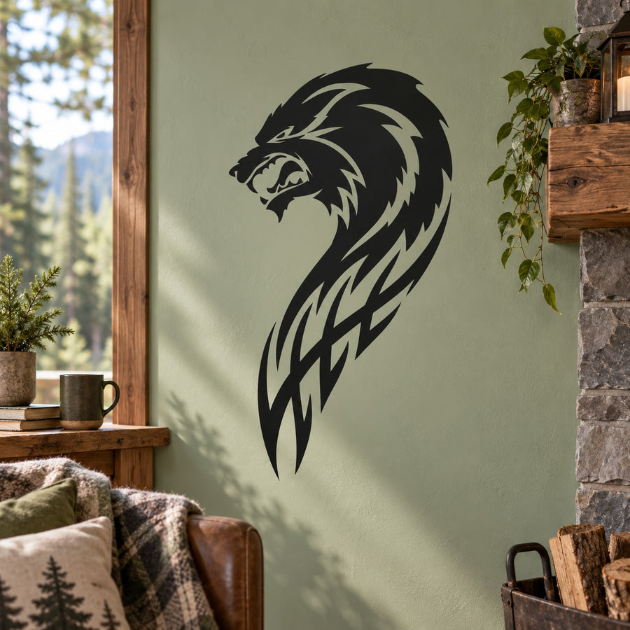 Side-profile wolf head decal with menacing open mouth, black vinyl style