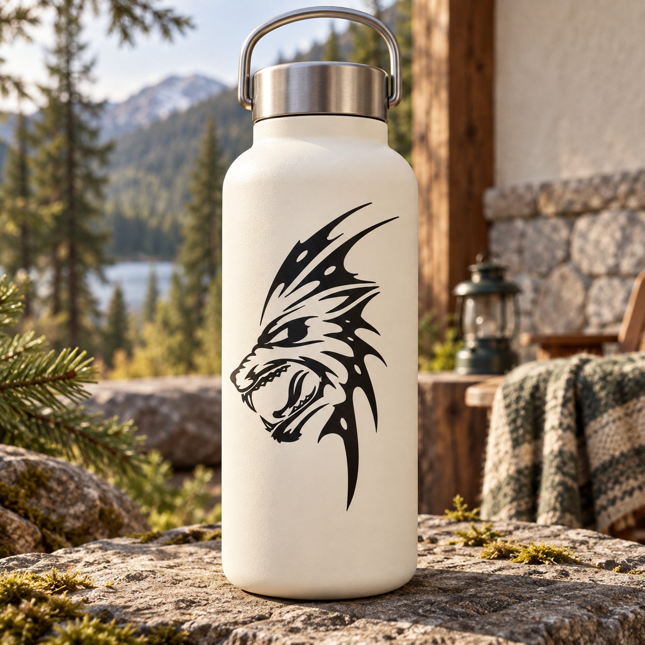 Wolf head decal on a white water bottle with bold black graphic