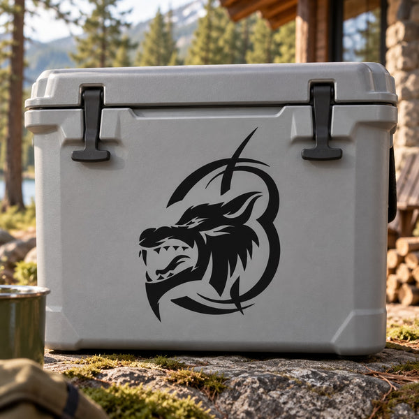 Black wolf head style decal on gray hard cooler lid