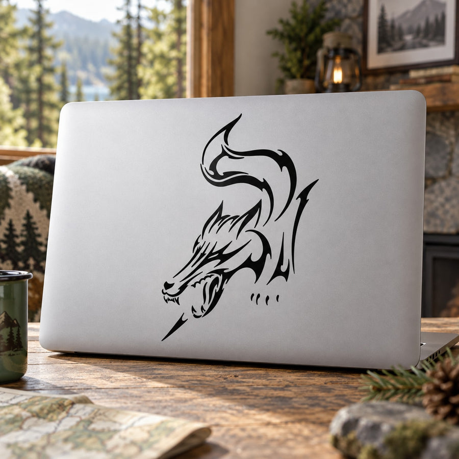 Barking Wolf dragon-wolf decal, black outline graphic on light surface