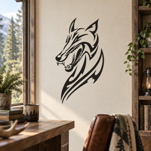 Tribal wolf head decal, black stylized design for wall or window