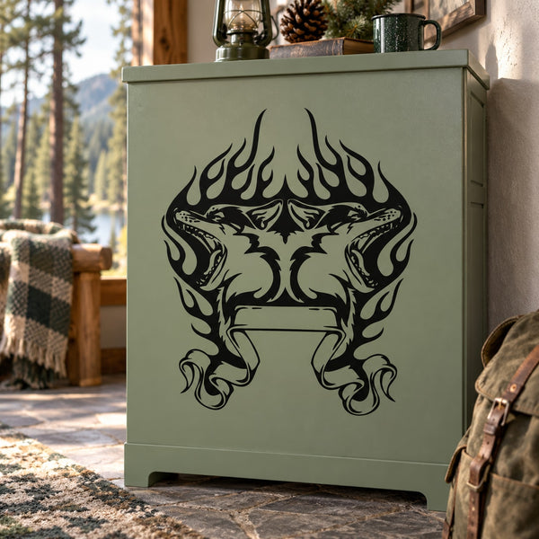 Black wolf head and flame decal centered on a light cabinet door