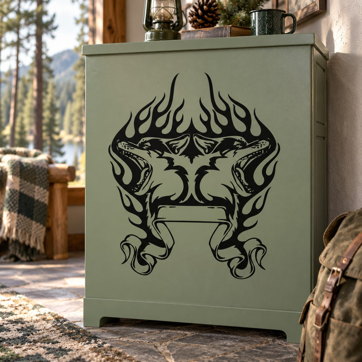 Black wolf head and flame decal centered on a light cabinet door