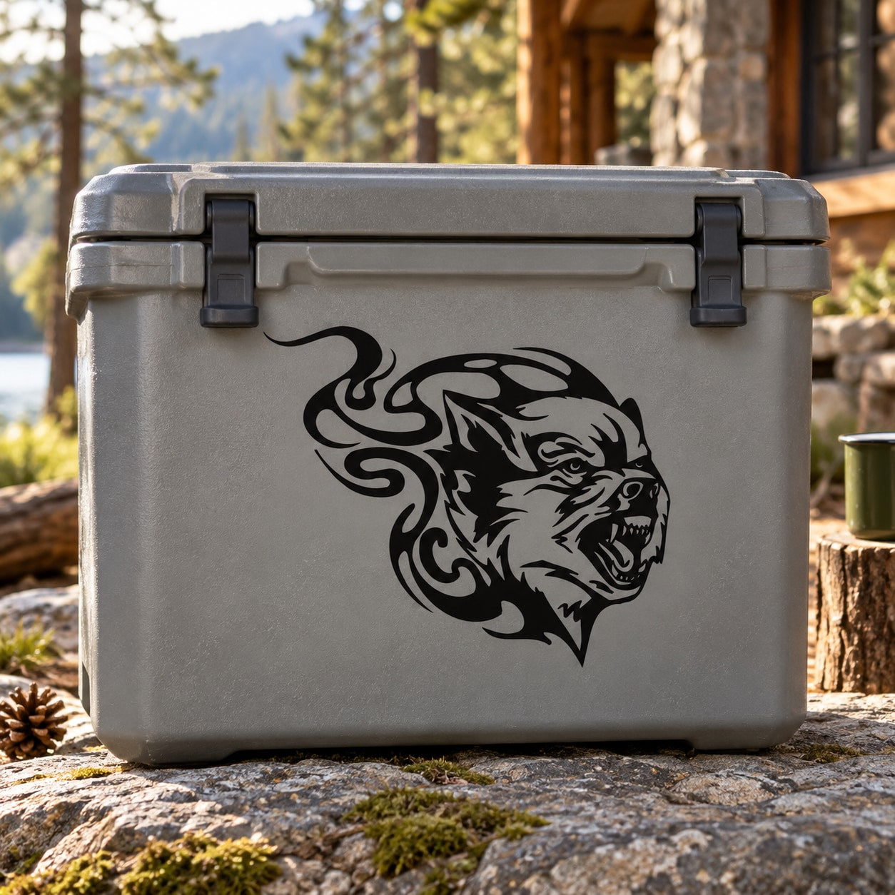 Black wolf head fire decal with flame detailing