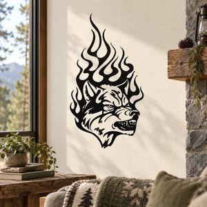 Hot Timber wolf head decal with black flames and snarling face
